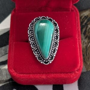 Vintage Genuine Malachite Teardrop Shaped Gemstone In Sterling Silver Size 9